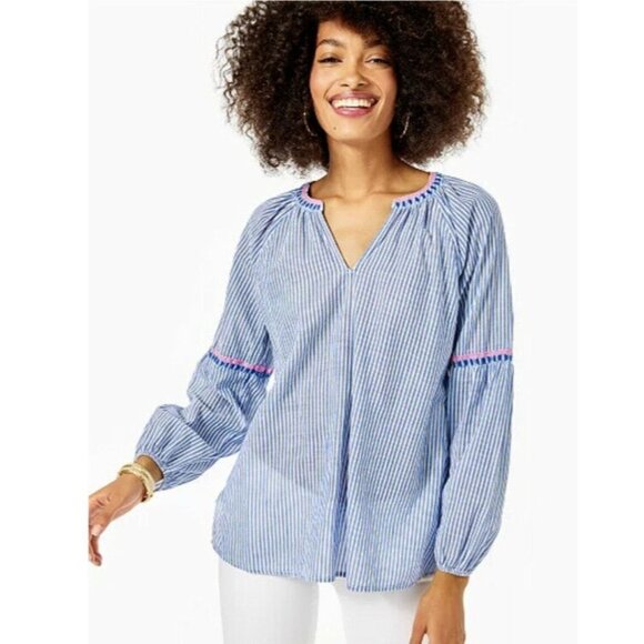 LILLY PULITZER Taelynn Striped Top In Coastal Blue Ltwt Oxford Stripe size XS - Picture 1 of 5
